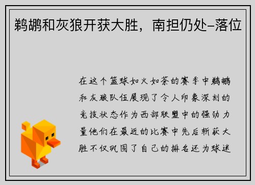 鹈鹕和灰狼开获大胜，南担仍处-落位
