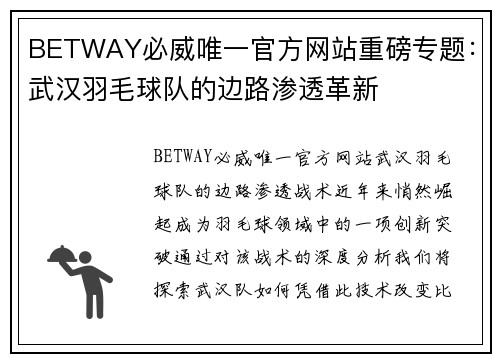 BETWAY必威唯一官方网站重磅专题：武汉羽毛球队的边路渗透革新