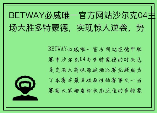 BETWAY必威唯一官方网站沙尔克04主场大胜多特蒙德，实现惊人逆袭，势如破竹！