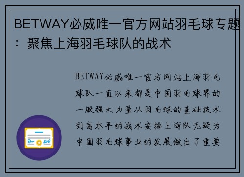 BETWAY必威唯一官方网站羽毛球专题：聚焦上海羽毛球队的战术