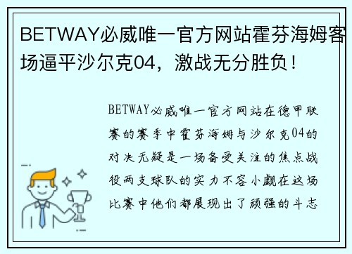 BETWAY必威唯一官方网站霍芬海姆客场逼平沙尔克04，激战无分胜负！